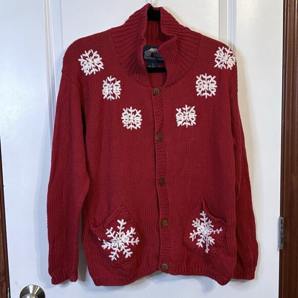 Rey Wear Sweaters - Ray Wear Christmas Sweater Cardigan Snowflake Hand Knit Women’s Sz M Cotton​